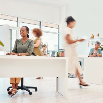 Busy agency, coworking and women in fashion for work in retail or creative industry. Team, business